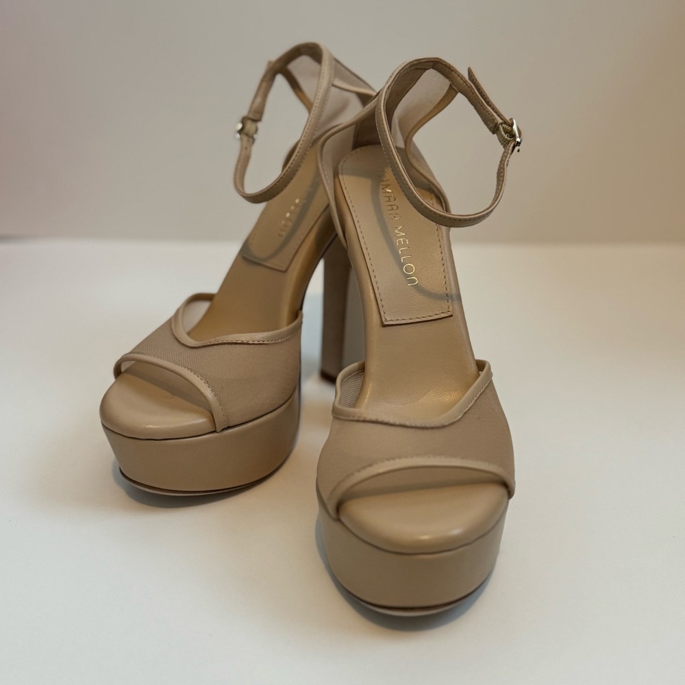 Tamara Mellon Tan Platform Strappy Heels Mesh Upper